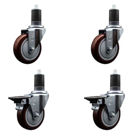 Service Caster 4'' Maroon Poly Wheel Swivel 1-5/8'' Expanding Stem Caster Set 2 Brakes, 4PK SCC-EX20S414-PPUB-MRN-2-PLB-2-158